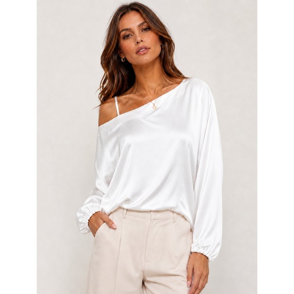 Gold Hawk Tops - Gold Hawk Top Womens One Shoulder Long Sleeve Satin White Oversized Size M NEW‎